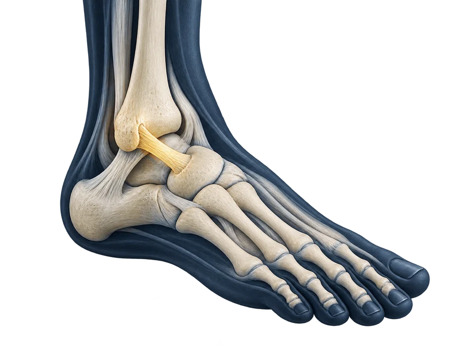 Modelo ilustrativo com destaque na região dos ligamentos laterais do tornozelo.