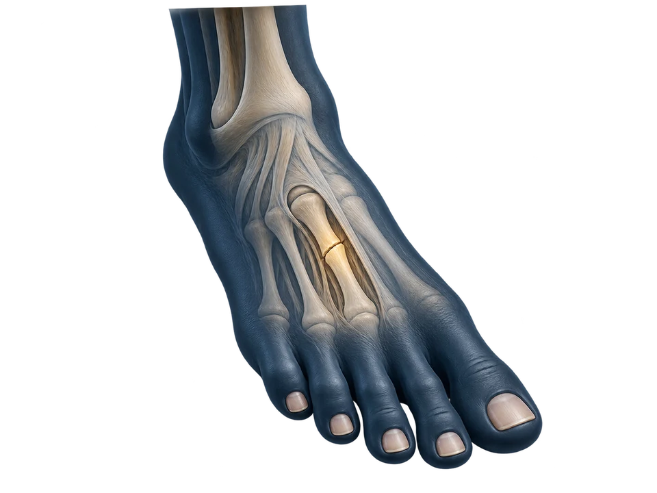 Modelo ilustrativo de um exemplo de fratura em um osso metatarsal do pé.